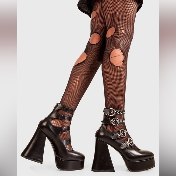 NIB La Moda Women's Black Interstellar Stomper Platform Buckle Heels Size 8 NEW - Picture 3 of 6